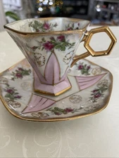Royal Sealy China Teacup and Saucer With Pink, Gold, and Floral Design
