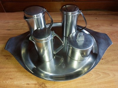 Mitropa ABS DDR Rostfrei Petroff-Bohne 60er Set Milchkännchen Zuckerdose Tablett