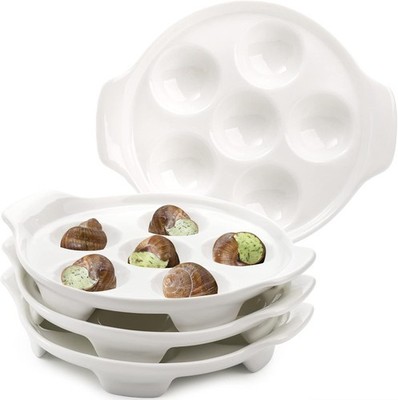 4 Pack Ceramic Escargot Plates with 6 Holes and Handles 6.5 Inch Seafood Snai...
