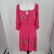 Figueroa & Flower Dress Medium Pink High Low Hem Floral Embroidered Boho