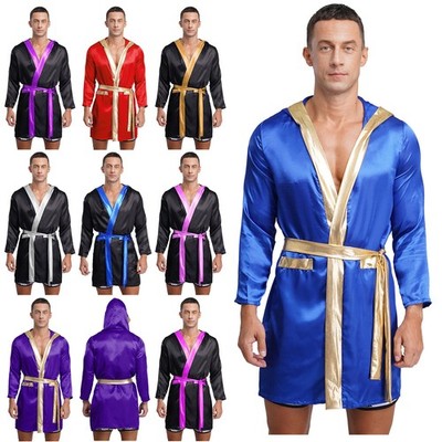 DE Männer Boxmantel Cosplay Kostüm Metallic Shiny Trim Satin Kapuze Mantelgurt