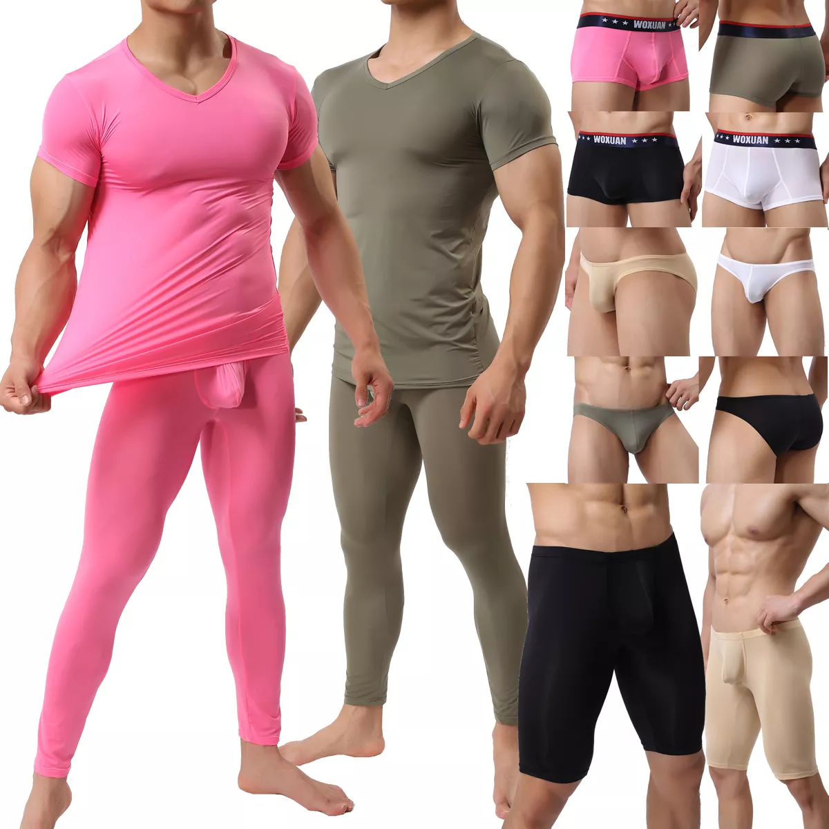 Mens Bodybuilding Muscle Tight Fit T-shirt Long Johns Sexy Boxer Briefs  Pants