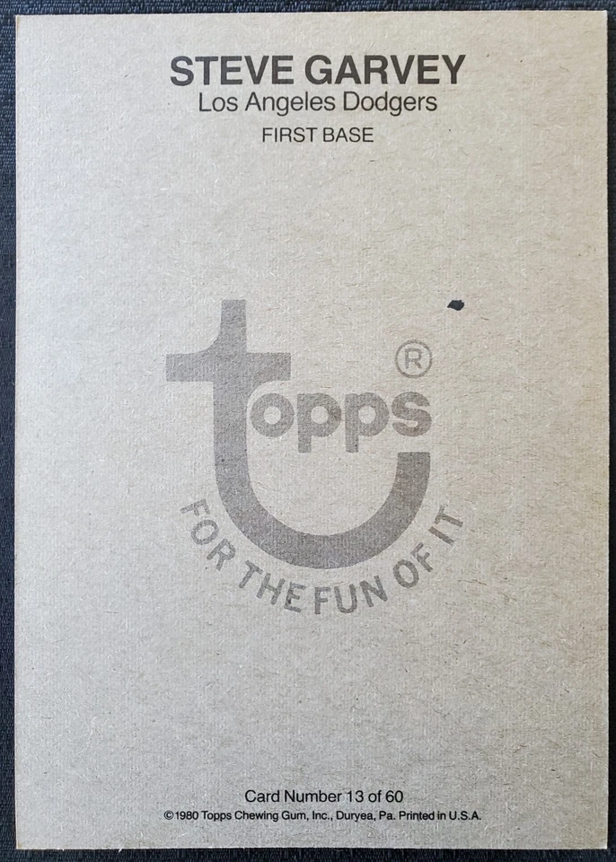 1980 Steve Garvey Los Angeles Dodgers MLB Topps Super Gray Back Card #13  - Image 2 of 2