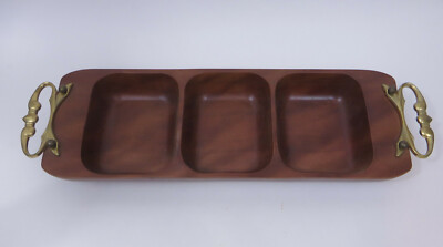 Vtg MCM KROMEX Rosewood Serving Japan Divided 3 Section Tray USA Brass Handles
