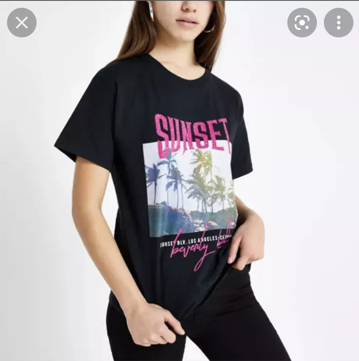 River Island Black Pink Sequin Graphic Printed Sunset Palm Tree Top T-Shirt  £24 | eBay