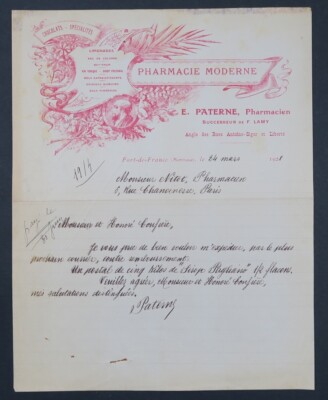 Rechnung 1914 PHARMACIE Paterne MARTINIQUE FORT-DE-FRANCE illustrierte Limonade 27