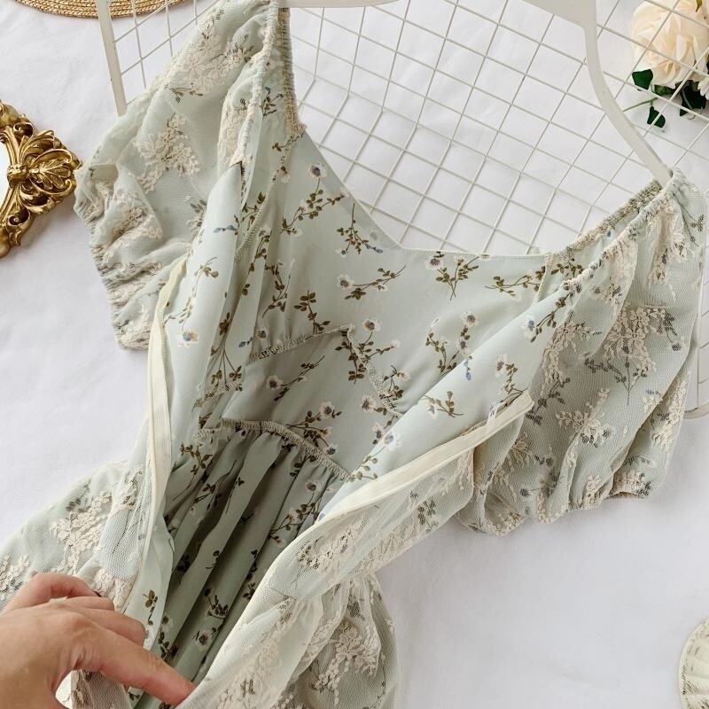 Women Girl Floral Tea Dress Puff Short Sleeve Mesh Ruffle Retro Lace ...