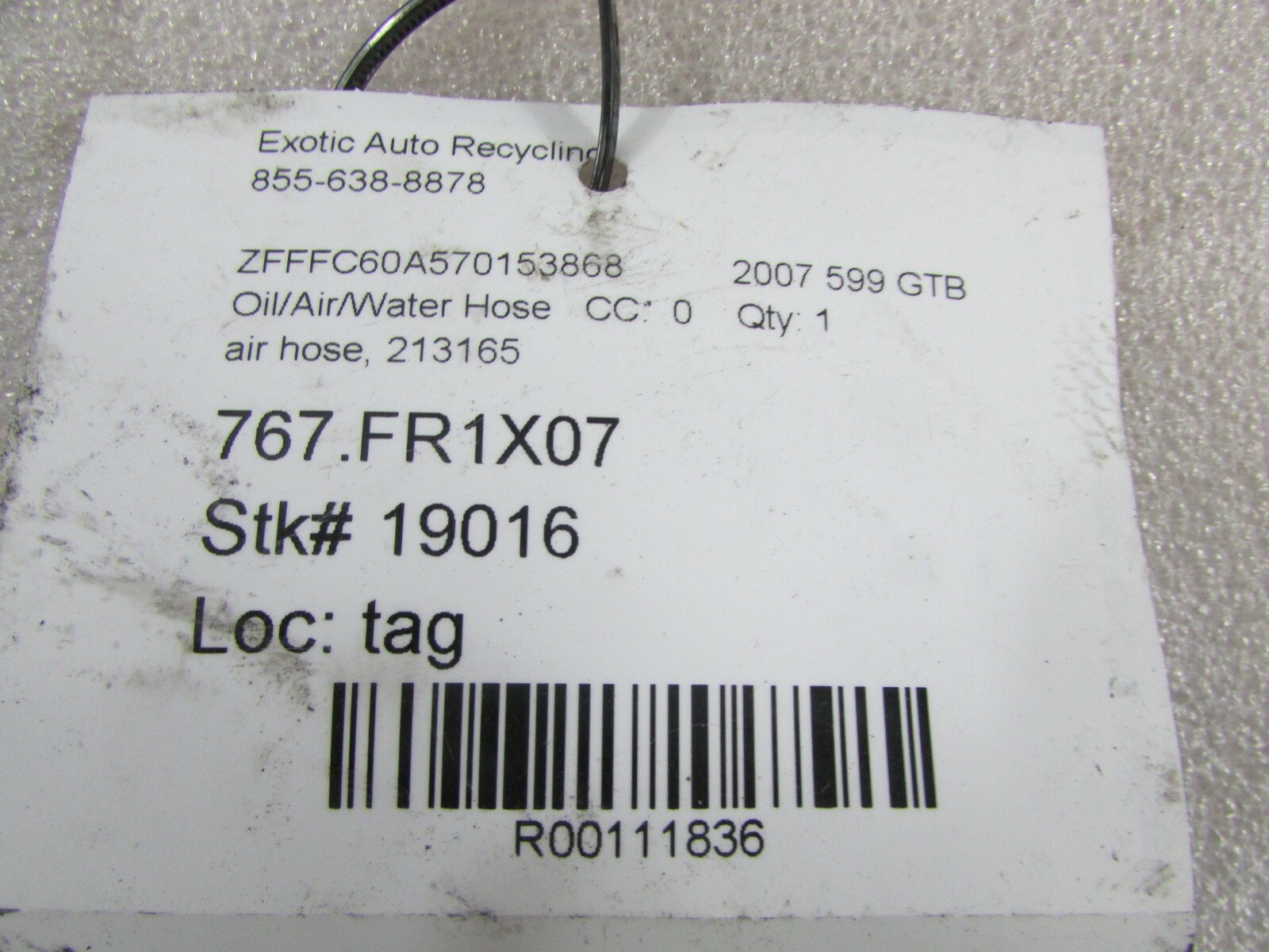 Ferrari 599 GTB, Air Hose, Used, P/N 213165
