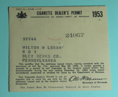 tobacco license pa phone number 1953 Oley Berks Pennsylvania Cigarette Dealer's Permit Business Tobacco  License