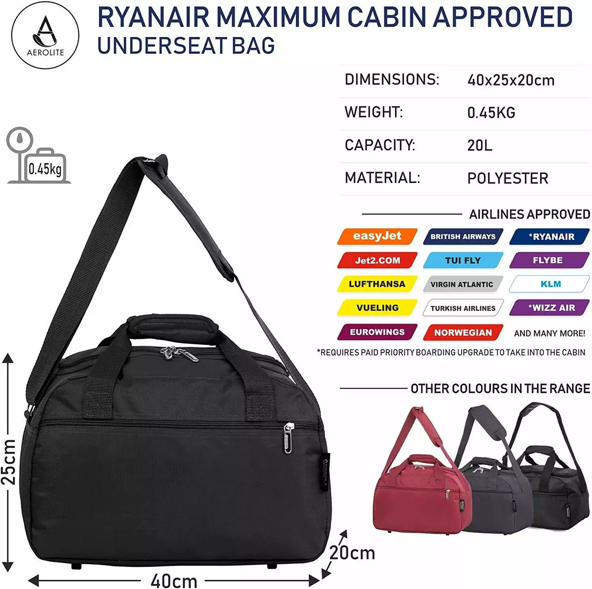 Aerolite Ryanair 40x20x25 Maximum Size Holdall Cabin Luggage Flight Bag