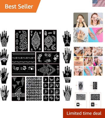 Premium PVC Henna Stencil Kit with 97 Glitter Designs for Face and Body Art