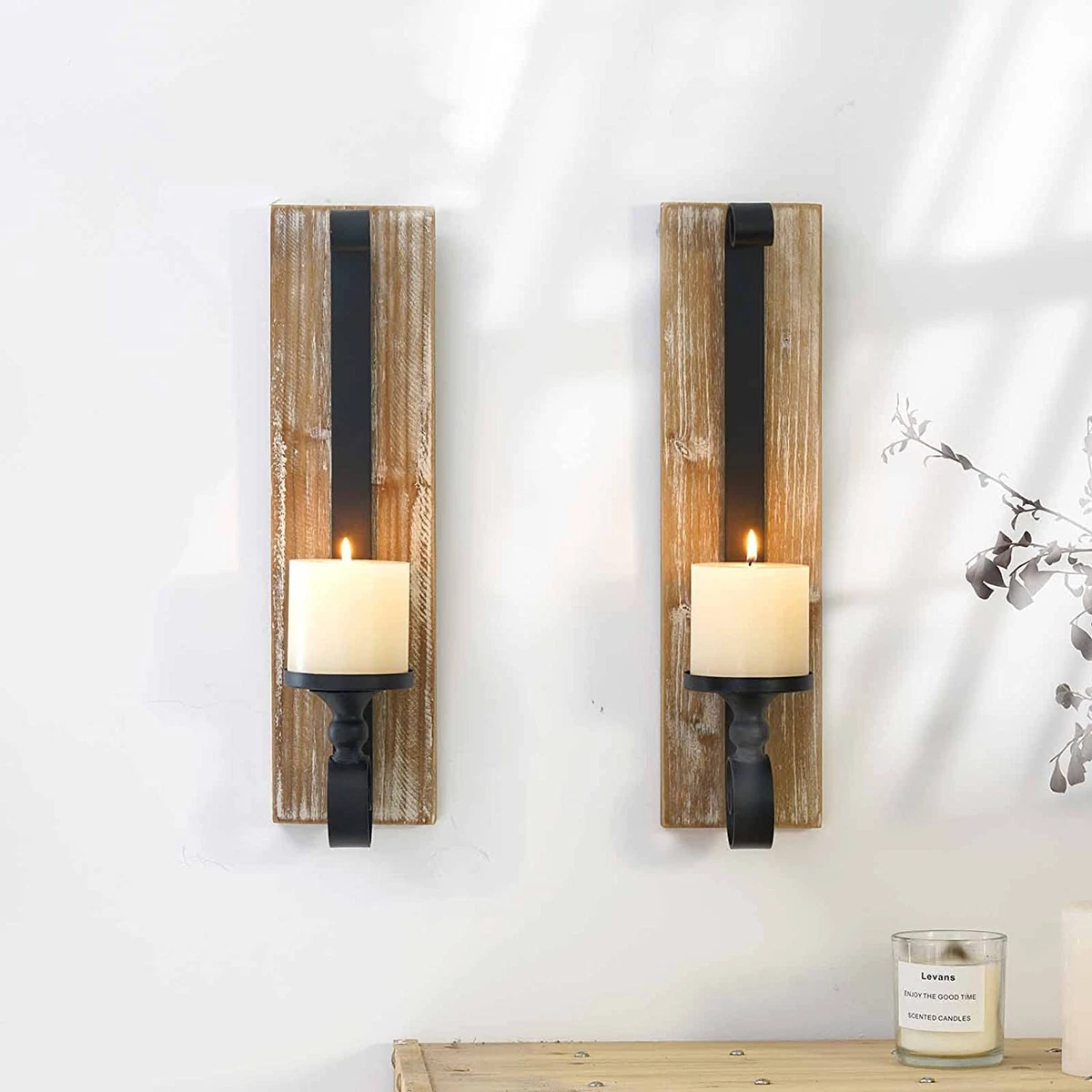 Wall Sconce Candle Holder Set of 2 Black Wall Mount Metal and Wooden