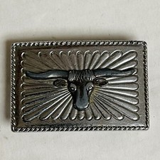 Vintage Texas Longhorn Rectangular Belt Buckle Silver Tone