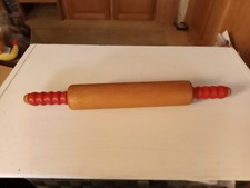 Vintage Wood Rolling Pin Red Handles 17" Cooking Baking Farmhouse