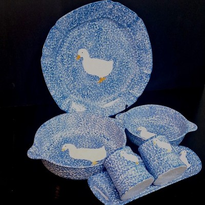 N.S. Gustin Co. Blue Stipple With Duck Six Piece Collection