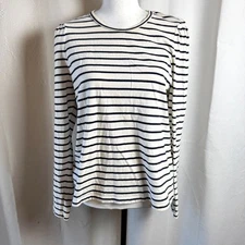 J.Crew Womens Puff Sleeve Striped Crewneck Navy Ivory Sz L Nautical Shirt EUC