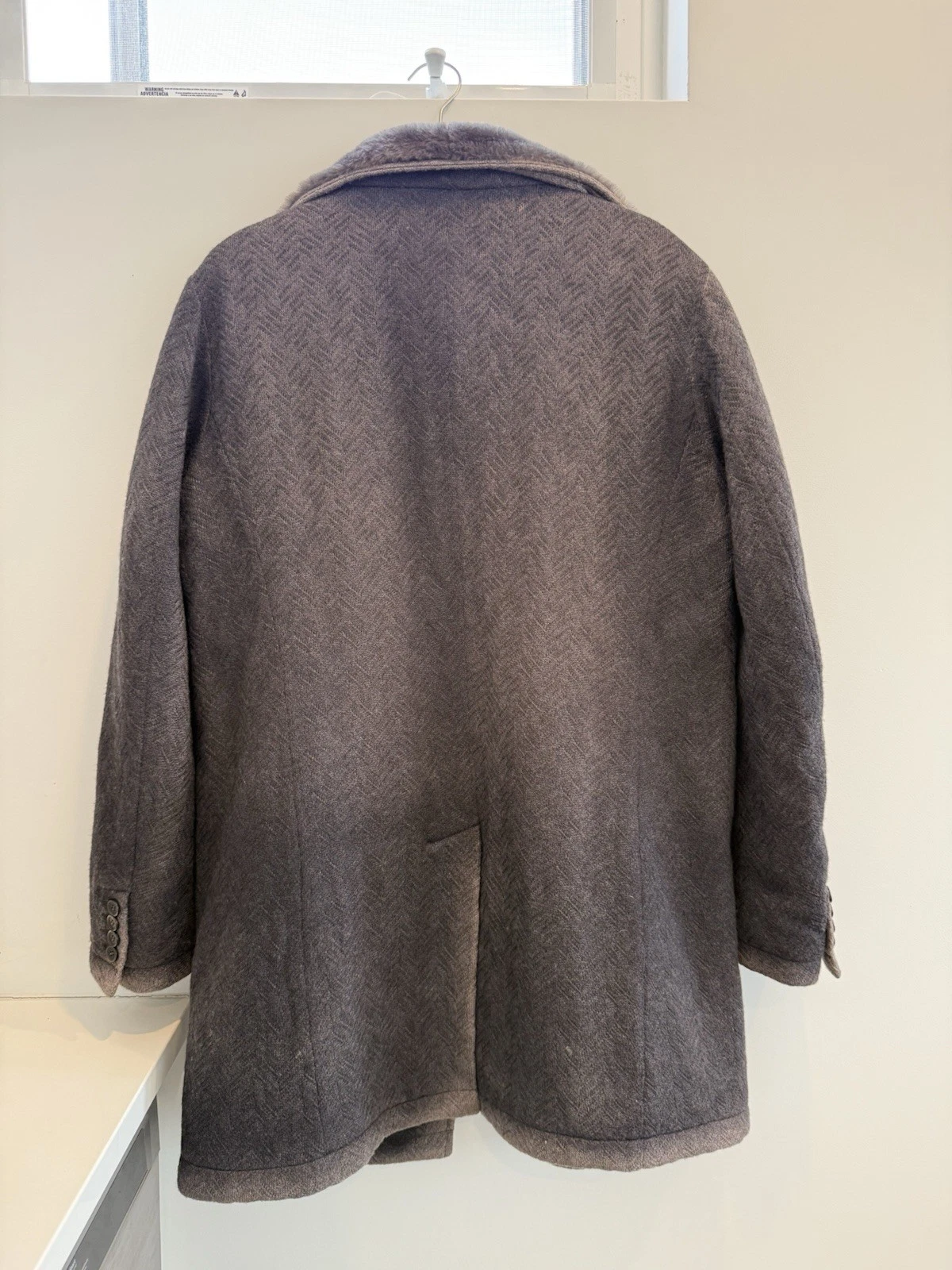 GIMO'S Men’s Brown Herringbone Wool Overcoat Faux Fur Lined Mid-Length M image 5