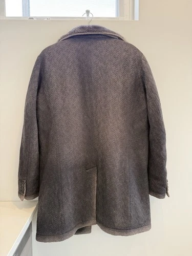 GIMO'S Men’s Brown Herringbone Wool Overcoat Faux Fur Lined Mid-Length M image 5