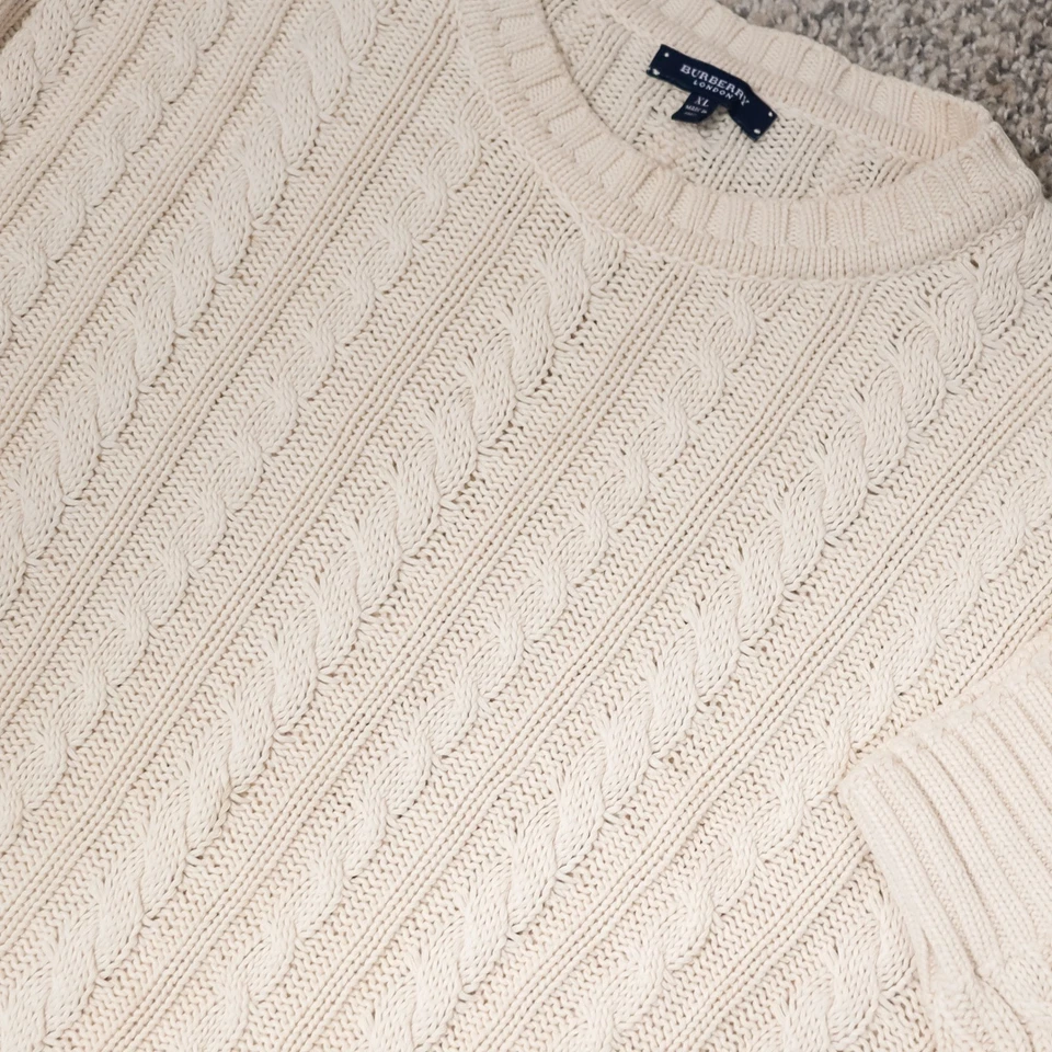 Burberry London Ivory Cable Knit Sweater XL Cotton Italy Made Luxury Classic - Image 3 of 4