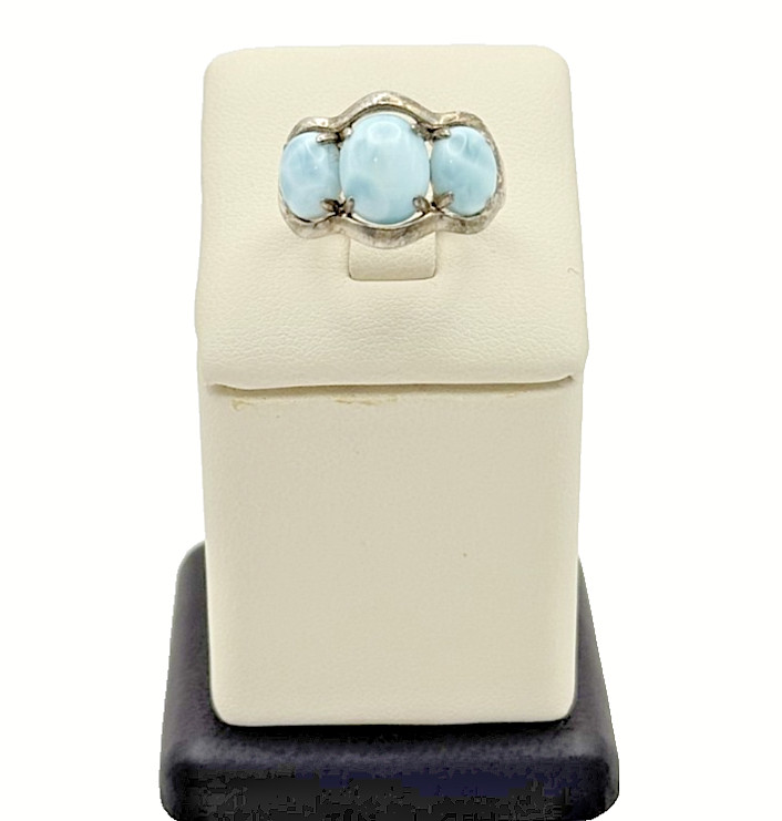 925 Sterling Silver 3-Stone Larimar Ring - Size 8.25