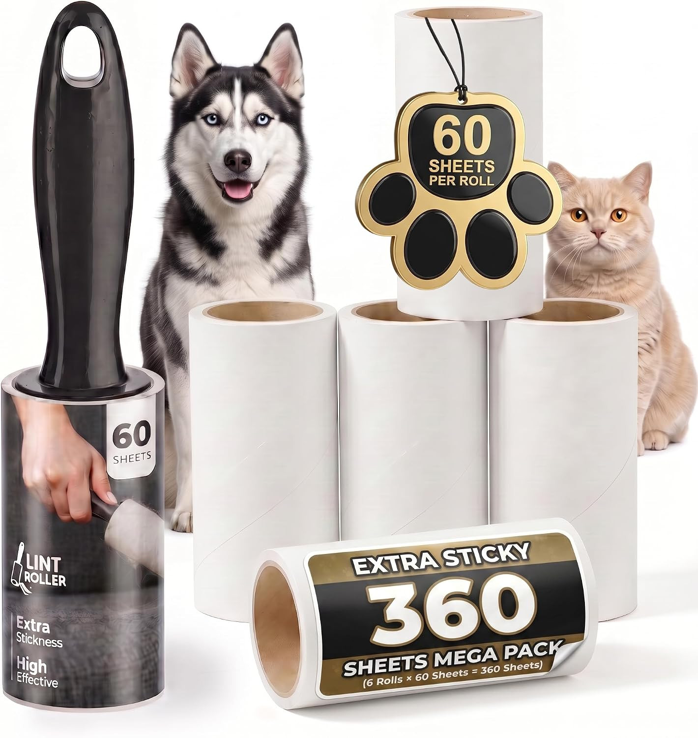Lint Roller, 6 Pack with 1 Reusable Handle, 360 Extra Sticky Sheets for Pet Hair - Image 2