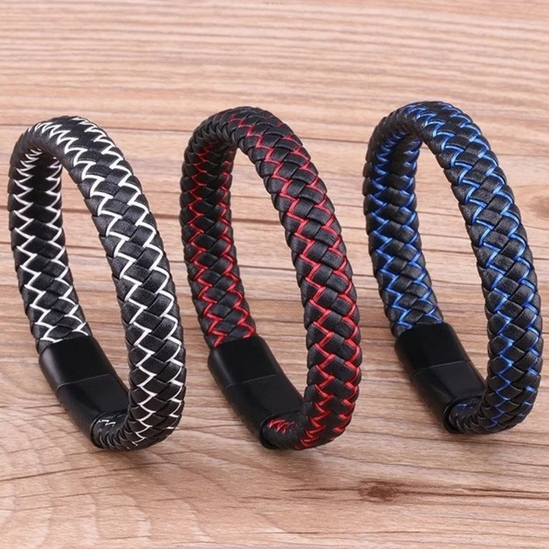 Brazalete trenzado de cuero genuino para hombre negro con cierre de acero inoxidable P Foto 2 de 4