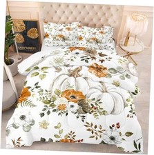 Autumn Watercolor Pumpkin Comforter Set Orange Floral 80x90inch Full 01
