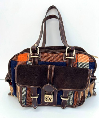 Authentic DSQUARED2 Plaid Wool Suede Leather Satchel Bag D2 Y2K Grunge Italy