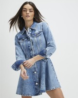 River Island Womens Mini Shirt Dress Blue Long Sleeve Denim Collared Button