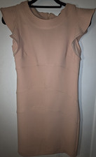 Ann Taylor Beige Polyester Knit Pencil Dress Sleeveless Crew Neck Knee Size 0