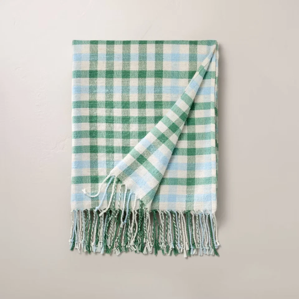 Plaid Woven Fringe Throw Blanket Green/Blue - Hearth & Hand with Magnolia