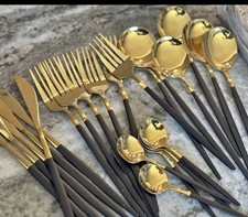 24 Piece Black and Gold Stainless Steel Silverware Set