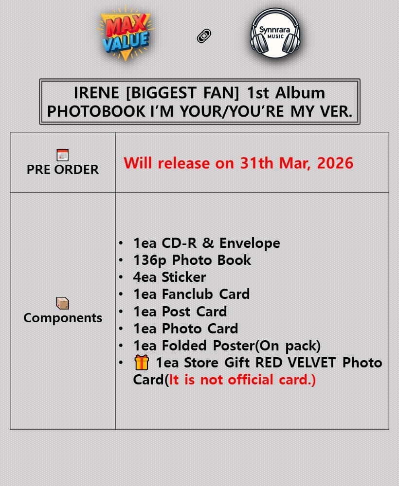 IRENE [BIGGEST FAN] 1st Album PHOTO BOOK Ver/CD+Book+4Sticker+3