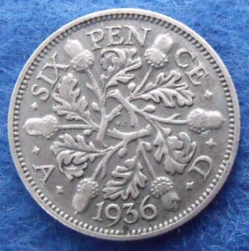 1936 GEORGE V SILVER SIXPENCE  ( 50% Silver )  British 6d Coin.   451 - Afbeelding 1 van 2