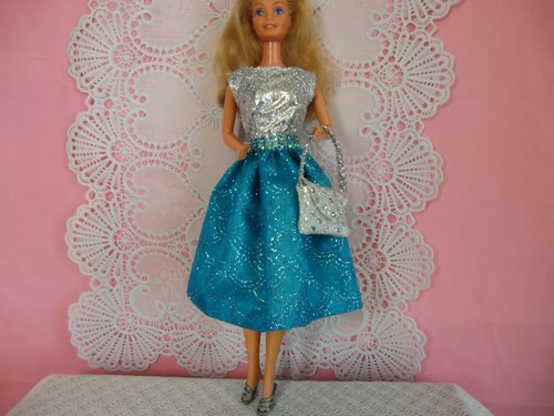Doll Clothes Silver and Turquoise Sparkly Party Dress, Bag & Shoes fits Barbie