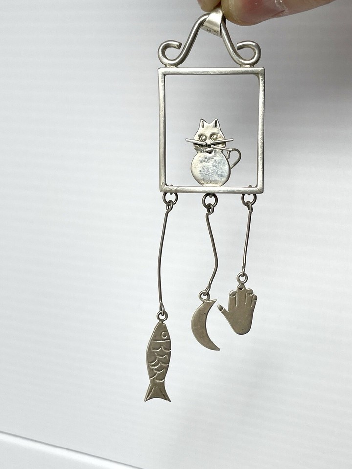 MEXICO 925 Silver Vintage Love Heart Cutout Sitting Cat Square Pendant eBay