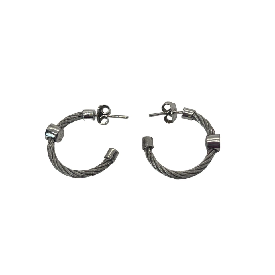 Pendientes de aro con cable de acero inoxidable de plata de ley pavé de circonita cúbica de 1" perforados Foto 3 de 4