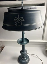 Vintage French Blue & White Tole 2 Socket Painted Metal Table Lamp 2 AVAIL