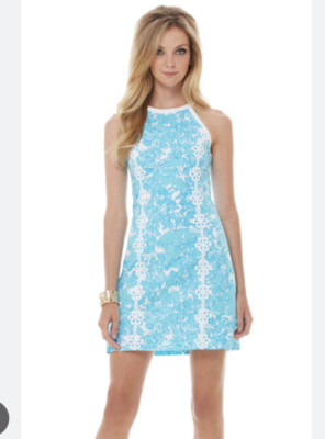 Lilly Pulitzer Pearl Halter Shift Dress Size 4, Ski Blue White Floral  Cotton | eBay