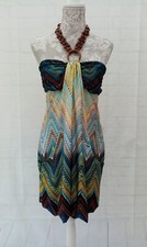 Ladies Dress Size 10 Venca Multi Coloured Wooden Halter Neck Puff Ball Pocket