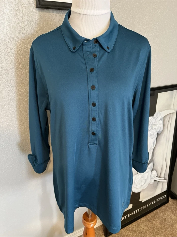 Camisa polo de golf Ogio verde azulado manga 3/4 cuello ropa deportiva para mujer XL Foto 2 de 4