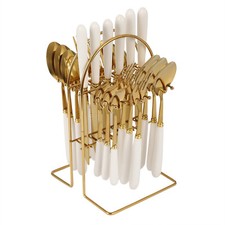 24PC Cutlery Dinner Set Stainless Steel Metal Stand Rack Forks Tea Spoons Polish