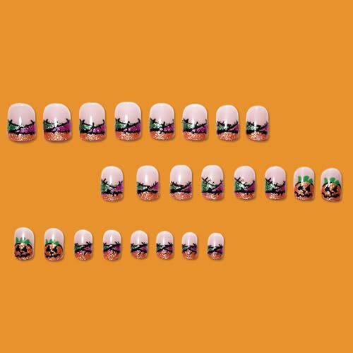 24Pcs Orange Glitter Halloween Press on Nails Short Square Cute Pumpkin pumpkin - Picture 4 of 7