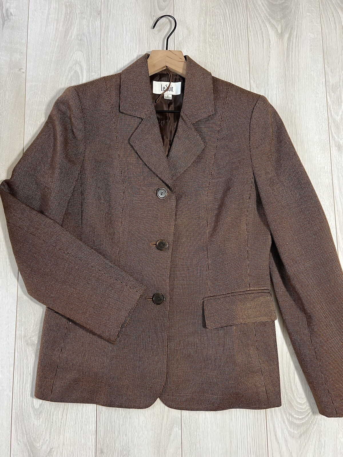 Le Suit Brown Three Button Pocket Jacket & Skirt Suit Set Sz 8