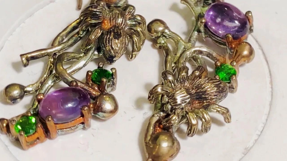 Earrings Amethyst, Chrome Diopside 0.925 Silver Multi-Tone Gold Plated - Image 4 of 4