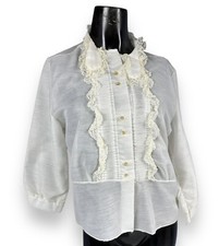 Vintage Ivory Ruffle Front Top Blouse Semi-Sheer High Neck Tuxedo Secretary