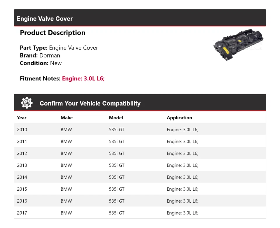 Cubierta de válvula de motor Dorman para BMW 535i GT 2010-2017 3,0 L L6 2011 2012 2013 2014 Foto 2 de 4