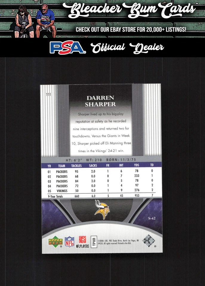 2006 Upper Deck Ultimate Collection 111 Darren Sharper #/525 - Image 2 of 2
