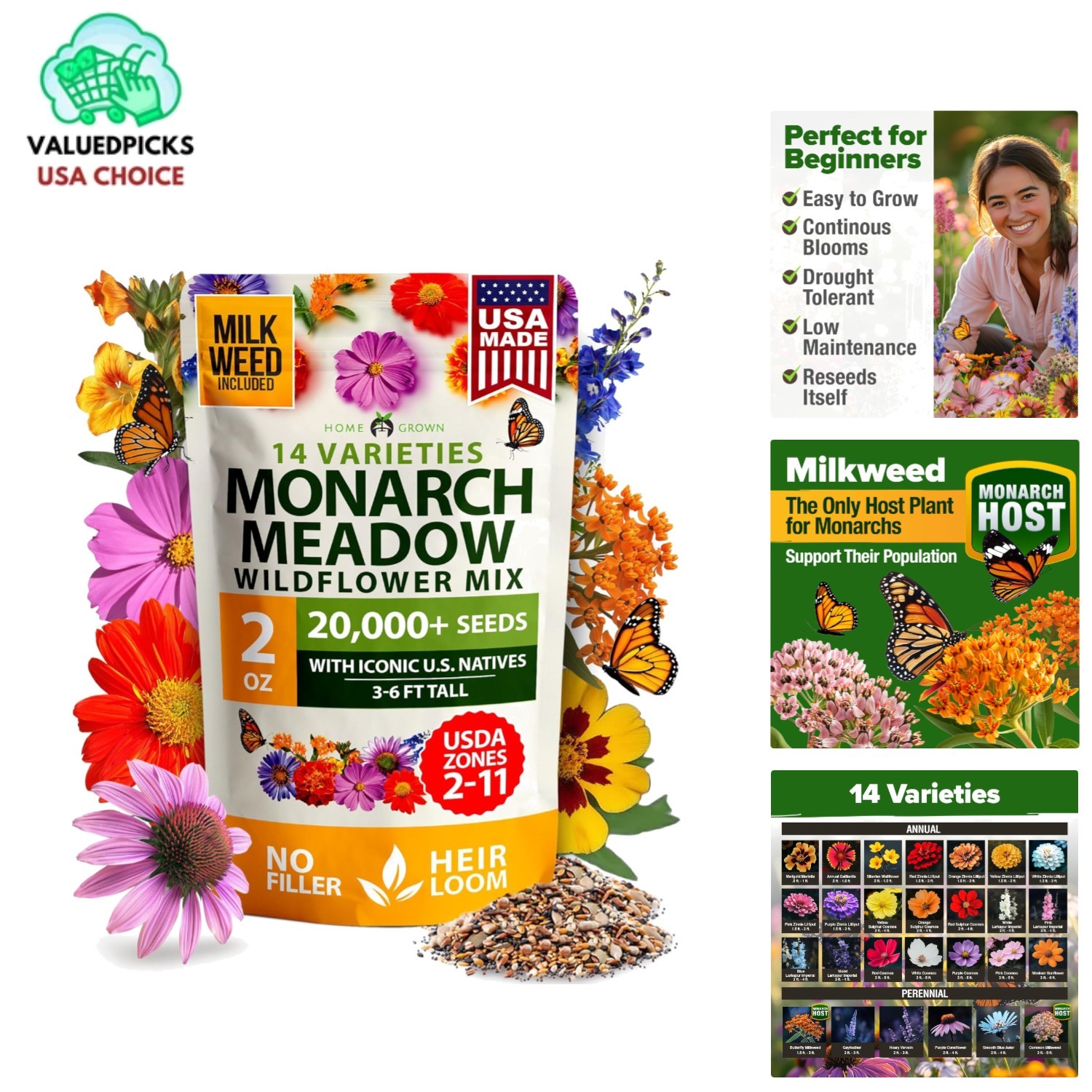 Monarch Butterfly Wildflower Seeds - 2oz Gift Mix for Beautiful Gardens