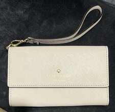 kate spade new york Solid Beige Logo Snap Wristlet Wallet w/ ID Window Slots